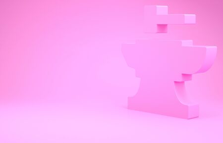 Pink Anvil for blacksmithing and hammer icon isolated on pink background. Metal forging. Forge tool. Minimalism concept. 3d illustration 3D renderの写真素材