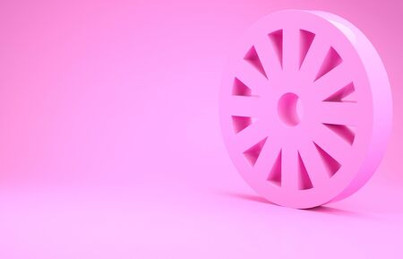 Pink Old wooden wheel icon isolated on pink background. Minimalism concept. 3d illustration 3D renderの写真素材