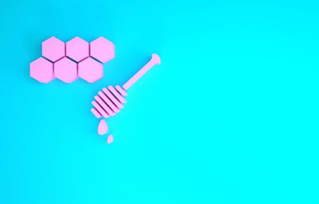 Pink Honeycomb with honey dipper stickicon isolated on blue background. Honey ladle. Honey cells symbol. Sweet natural food. Minimalism concept. 3d illustration 3D renderの写真素材
