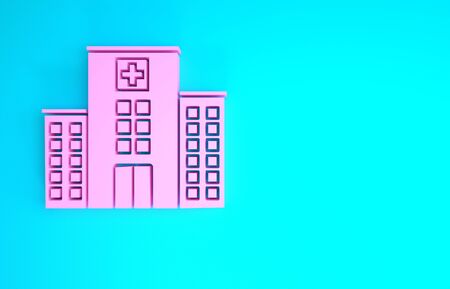 Pink Medical hospital building with cross icon isolated on blue background. Medical center. Health care. Minimalism concept. 3d illustration 3D renderの写真素材