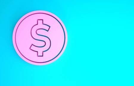 Pink Coin money with dollar symbol icon isolated on blue background. Banking currency sign. Cash symbol. Minimalism concept. 3d illustration 3D renderの写真素材
