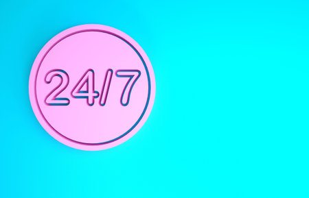 Pink Clock 24 hours icon isolated on blue background. All day cyclic icon. 24 hours service symbol....