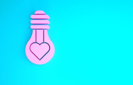 Pink Heart shape in a light bulb icon isolated on blue background. Love symbol. Valentine day symbol. Minimalism concept. 3d illustration 3D renderの写真素材