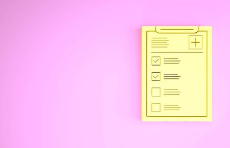 Yellow Medical clipboard with clinical record icon isolated on pink background. Health insurance form. Prescription, medical check marks report. Minimalism concept. 3d illustration 3D renderの写真素材