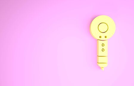 Yellow Hair dryer icon isolated on pink background. Hairdryer sign. Hair drying symbol. Blowing hot air. Minimalism concept. 3d illustration 3D renderの写真素材