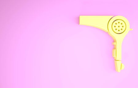 Yellow Hair dryer icon isolated on pink background. Hairdryer sign. Hair drying symbol. Blowing hot air. Minimalism concept. 3d illustration 3D renderの写真素材