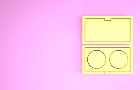 Yellow Makeup powder with mirror icon isolated on pink background. Minimalism concept. 3d illustration 3D renderの写真素材