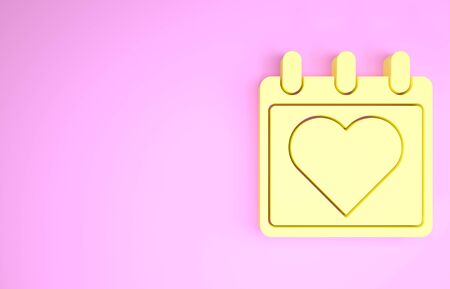 Yellow Calendar with heart icon isolated on pink background. Valentines day. Love symbol. February 14. Minimalism concept. 3d illustration 3D renderの写真素材