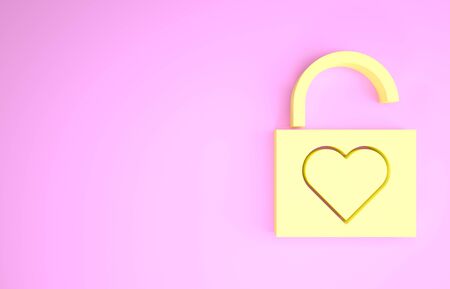 Yellow Lock and heart icon isolated on pink background. Locked Heart. Love symbol and keyhole sign. Valentines day symbol. Minimalism concept. 3d illustration 3D renderの写真素材