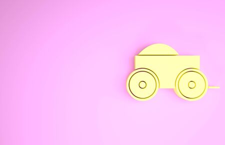 Yellow Wooden four-wheel cart with hay icon isolated on pink background. Minimalism concept. 3d illustration 3D renderの写真素材