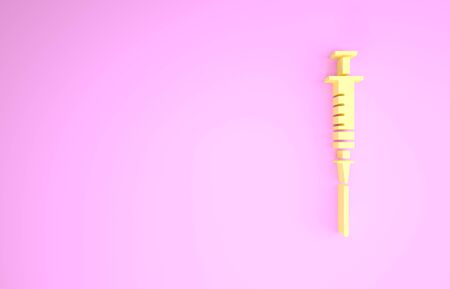 Yellow Syringe icon isolated on pink background. Syringe for vaccine, vaccination, injection, flu shot. Medical equipment. Minimalism concept. 3d illustration 3D renderの写真素材
