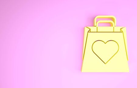 Yellow Shopping bag with heart icon isolated on pink background. Shopping bag shop love like heart icon. Valentines day symbol. Minimalism concept. 3d illustration 3D renderの写真素材