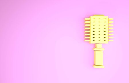 Yellow Hairbrush icon isolated on pink background. Comb hair sign. Barber symbol. Minimalism concept. 3d illustration 3D renderの写真素材