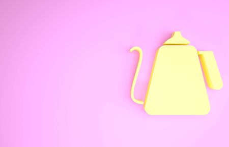 Yellow Kettle with handle icon isolated on pink background. Teapot icon. Minimalism concept. 3d illustration 3D renderの写真素材