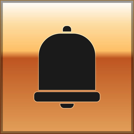 Black Church bell icon isolated on gold background. Alarm symbol, service bell, handbell sign,...
