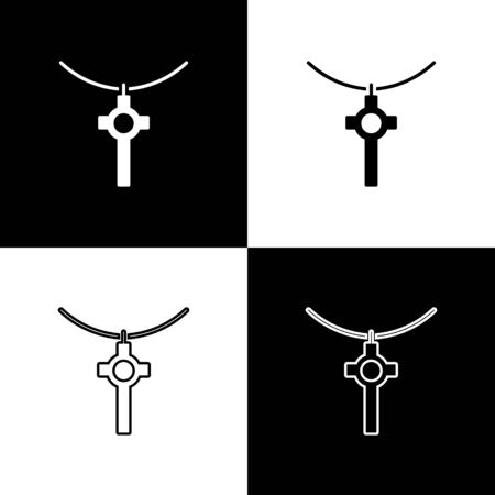 Set Christian cross on chain icon isolated on black and white background. Church cross. Vector Illustrationのイラスト素材
