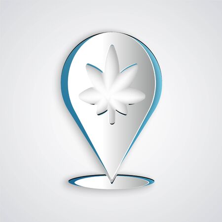 Paper cut Map pointer and marijuana or cannabis leaf icon isolated on grey background. Hemp symbol. Paper art style. Vector Illustrationのイラスト素材