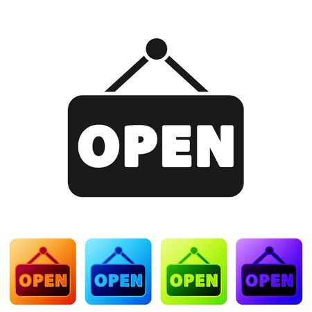 Black Hanging sign with text Open door icon isolated on white background. Set icons in color square buttons. Vector Illustrationのイラスト素材