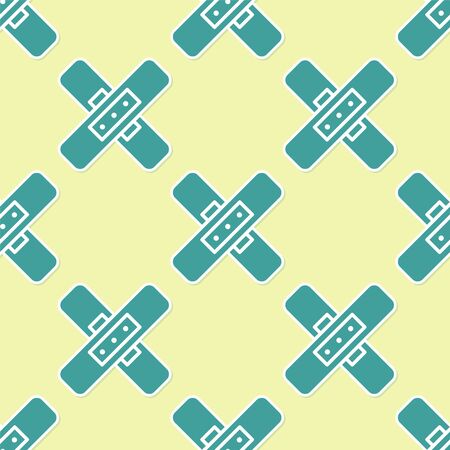 Green Crossed bandage plaster icon isolated seamless pattern on yellow background. Medical plaster, adhesive bandage, flexible fabric bandage. Vector Illustrationのイラスト素材