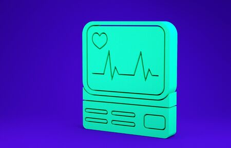 Green Computer monitor with cardiogram icon isolated on blue background. Monitoring icon. ECG monitor with heart beat hand drawn. Minimalism concept. 3d illustration 3D renderの写真素材