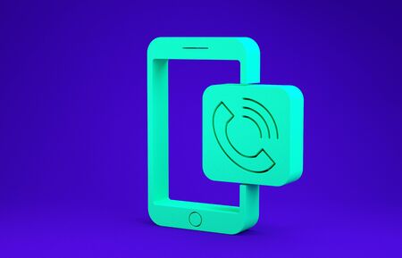 Green Mobile phone call icon isolated on blue background. Minimalism concept. 3d illustration 3D renderの写真素材