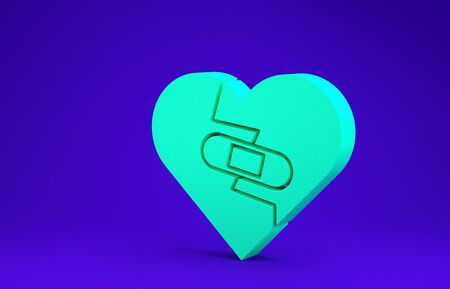 Green Healed broken heart or divorce icon isolated on blue background. Shattered and patched heart. Love symbol. Valentines day. Minimalism concept. 3d illustration 3D renderの写真素材