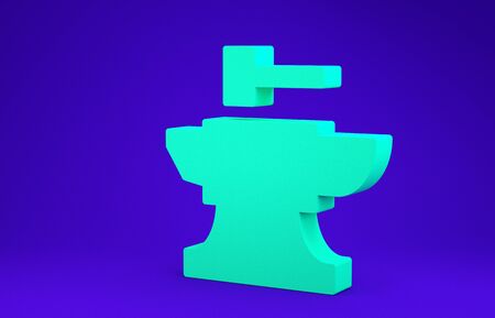 Green Anvil for blacksmithing and hammer icon isolated on blue background. Metal forging. Forge tool. Minimalism concept. 3d illustration 3D renderの写真素材