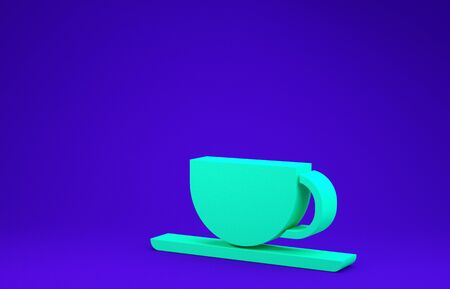 Green Coffee cup icon isolated on blue background. Tea cup. Hot drink coffee. Minimalism concept. 3d illustration 3D renderの写真素材