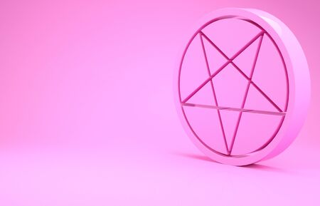 Pink Pentagram in a circle icon isolated on pink background. Magic occult star symbol. Minimalism concept. 3d illustration 3D renderの写真素材