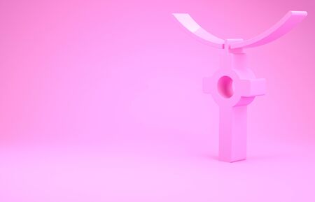 Pink Christian cross on chain icon isolated on pink background. Church cross. Minimalism concept. 3d illustration 3D renderの写真素材