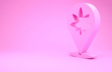 Pink Map pointer and marijuana or cannabis leaf icon isolated on pink background. Hemp symbol. Minimalism concept. 3d illustration 3D renderの写真素材