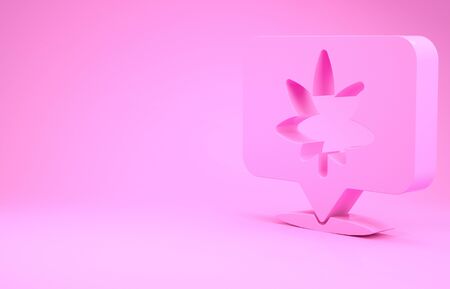 Pink Map pointer and marijuana or cannabis leaf icon isolated on pink background. Hemp symbol. Minimalism concept. 3d illustration 3D renderの写真素材