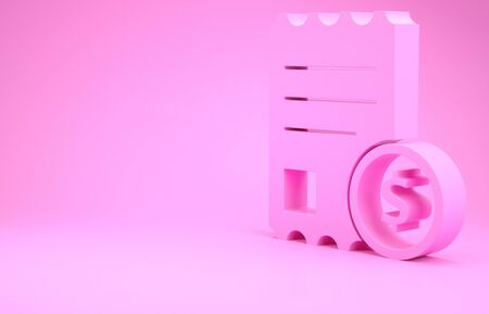 Pink Paper check and financial check icon isolated on pink background. Paper print check, shop receipt or bill. Minimalism concept. 3d illustration 3D renderの写真素材