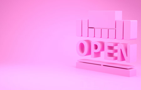 Pink Shopping building or market store and text open icon isolated on pink background. Shop...
