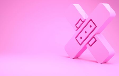 Pink Crossed bandage plaster icon isolated on pink background. Medical plaster, adhesive bandage, flexible fabric bandage. Minimalism concept. 3d illustration 3D renderの写真素材