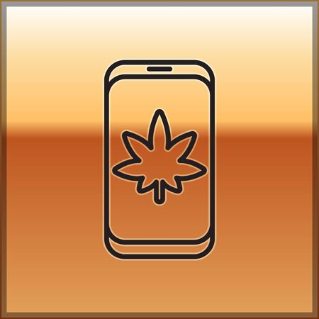 Black line Mobile phone and medical marijuana or cannabis leaf icon isolated on gold background. Online buying symbol. Supermarket basket. Vector Illustrationのイラスト素材