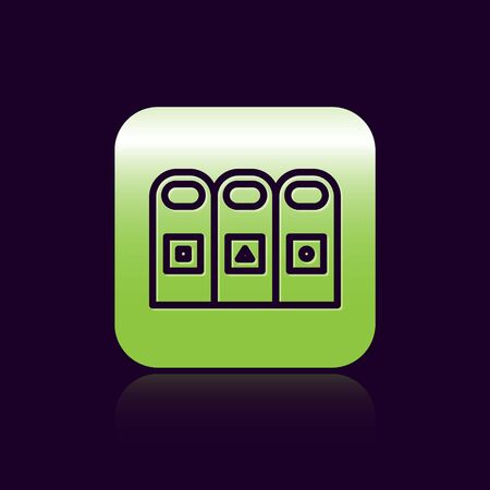 Black line Trash in garbage cans with sorted garbage icon isolated on black background. Recycle basket icon. Green square button. Vector Illustrationのイラスト素材