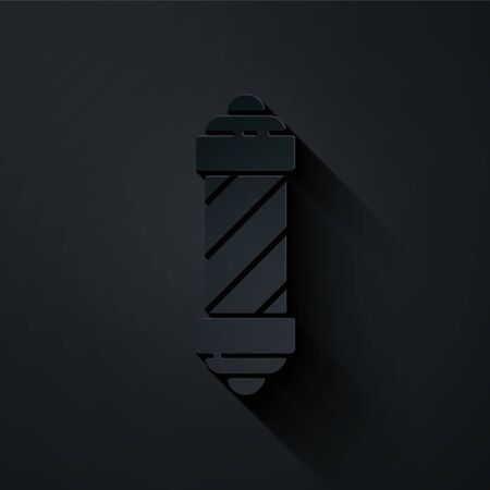 Paper cut Classic Barber shop pole icon isolated on black background. Barbershop pole symbol. Paper art style. Vector Illustrationのイラスト素材
