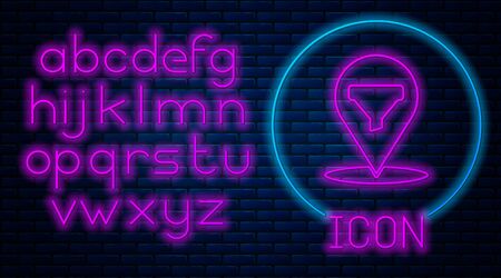 Glowing neon Location with sales funnel icon isolated on brick wall background. Infographic template. Neon light alphabet. Vector Illustrationのイラスト素材