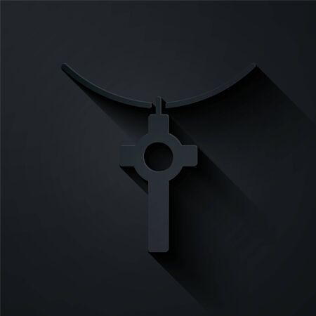 Paper cut Christian cross on chain icon isolated on black background. Church cross. Paper art style. Vector Illustrationのイラスト素材