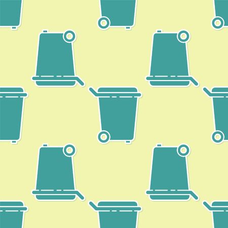 Green Trash can icon isolated seamless pattern on yellow background. Garbage bin sign. Recycle basket icon. Office trash icon. Vector Illustrationのイラスト素材