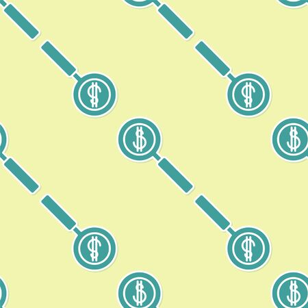 Green Magnifying glass and dollar symbol icon isolated seamless pattern on yellow background. Find money. Looking for money.  Vector Illustrationのイラスト素材