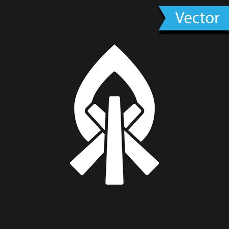 White Campfire icon isolated on black background. Burning bonfire with wood. Vector Illustrationのイラスト素材