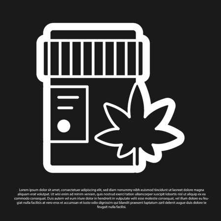 Black Medical bottle with marijuana or cannabis leaf icon isolated on black background. Mock up of cannabis oil extracts in jars. Vector Illustrationのイラスト素材