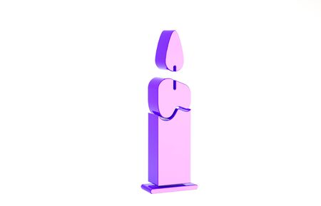 Purple Burning candle in candlestick icon isolated on white background. Cylindrical candle stick with burning flame. Minimalism concept. 3d illustration 3D renderの写真素材