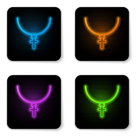 Glowing neon Christian cross on chain icon isolated on white background. Church cross. Black square button. Vector Illustrationのイラスト素材