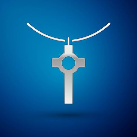 Silver Christian cross on chain icon isolated on blue background. Church cross. Vector Illustrationのイラスト素材