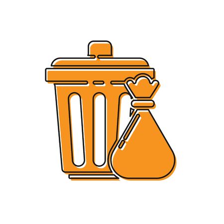 Orange Trash can and garbage bag icon isolated on white background. Garbage bin sign. Recycle basket icon. Office trash icon. Vector Illustrationのイラスト素材