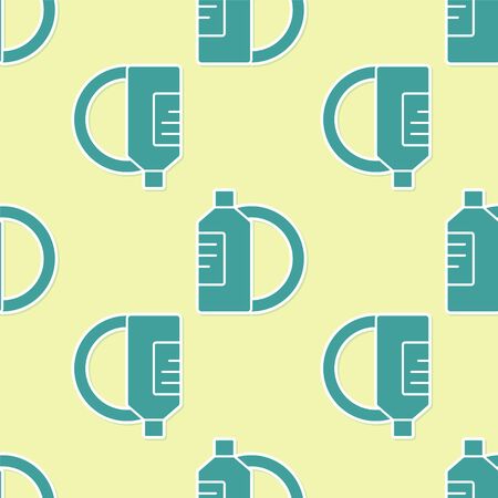 Green Dishwashing liquid bottle and plate icon isolated seamless pattern on yellow background. Liquid detergent for washing dishes. Vector Illustrationのイラスト素材