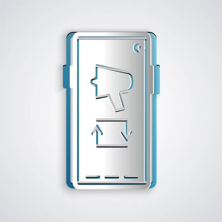 Paper cut Spread the word, megaphone on mobile phone icon isolated on grey background. Paper art style. Vector Illustrationのイラスト素材